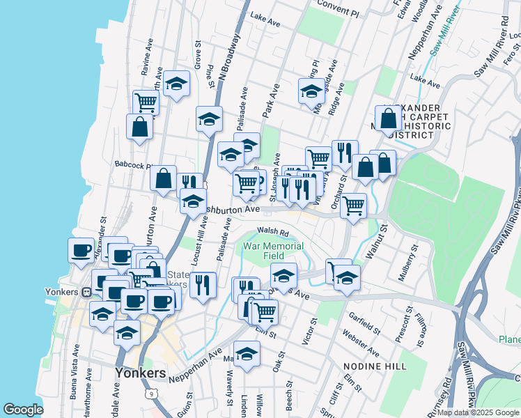 map of restaurants, bars, coffee shops, grocery stores, and more near 126 Ashburton Avenue in Yonkers