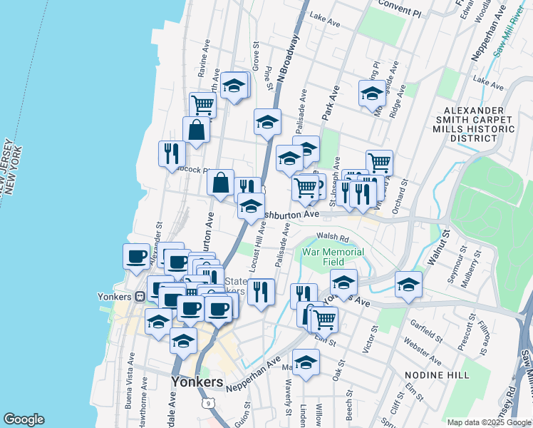 map of restaurants, bars, coffee shops, grocery stores, and more near 70 Ashburton Avenue in Yonkers