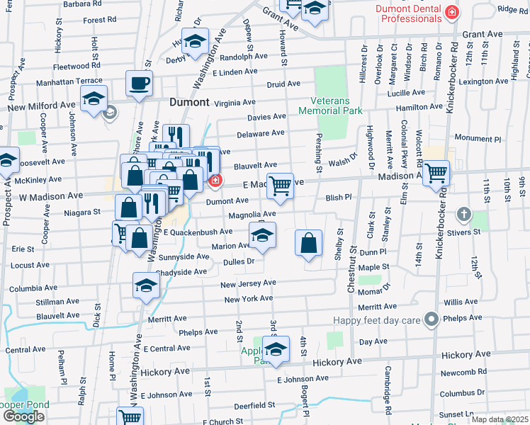 map of restaurants, bars, coffee shops, grocery stores, and more near 138 Magnolia Avenue in Dumont
