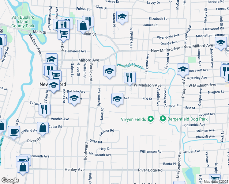 map of restaurants, bars, coffee shops, grocery stores, and more near 409 Monroe Avenue in New Milford
