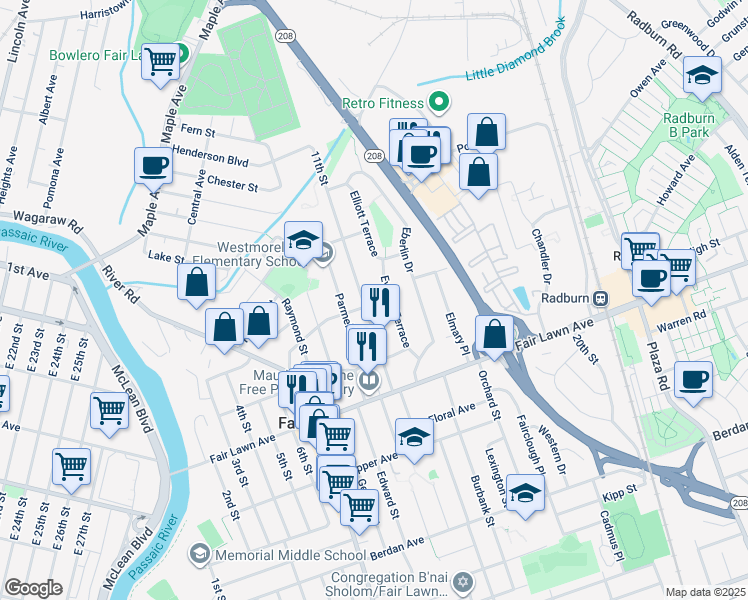 map of restaurants, bars, coffee shops, grocery stores, and more near 16-01 11th Street in Fair Lawn