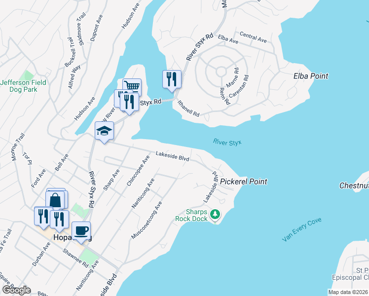 map of restaurants, bars, coffee shops, grocery stores, and more near 373 Lakeside Boulevard in Hopatcong