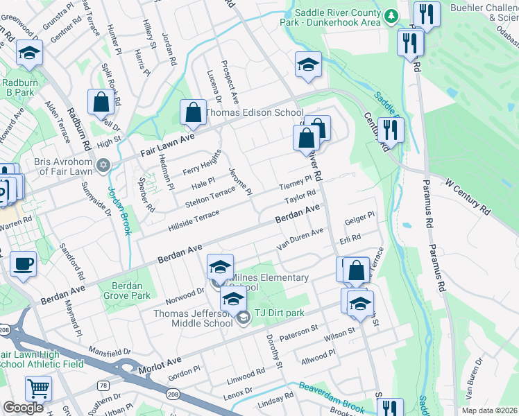 map of restaurants, bars, coffee shops, grocery stores, and more near 38-47 Taylor Road in Fair Lawn