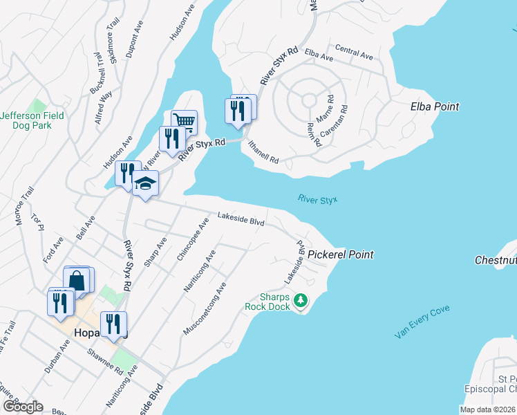 map of restaurants, bars, coffee shops, grocery stores, and more near 373 Lakeside Boulevard in Hopatcong