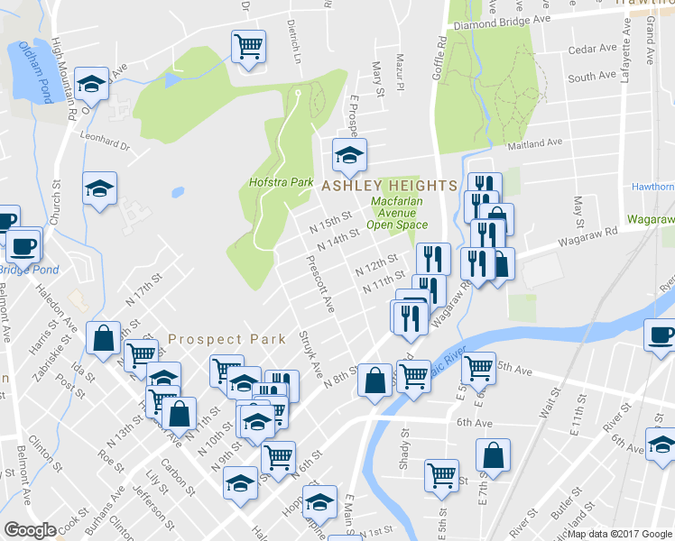 map of restaurants, bars, coffee shops, grocery stores, and more near 7 North 13th Street in Hawthorne