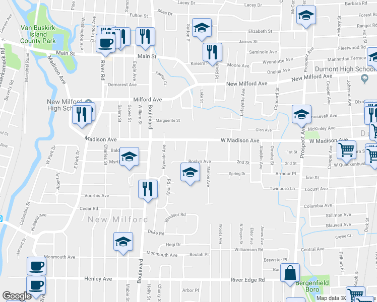 map of restaurants, bars, coffee shops, grocery stores, and more near 409 Monroe Avenue in New Milford
