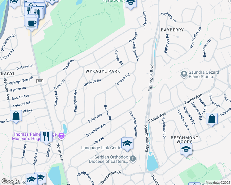 map of restaurants, bars, coffee shops, grocery stores, and more near 34 Longvue Avenue in New Rochelle