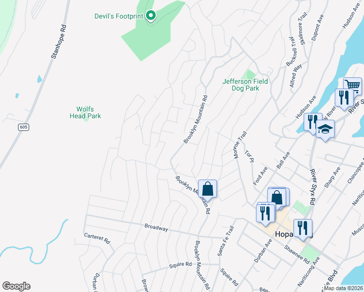 map of restaurants, bars, coffee shops, grocery stores, and more near 621 Brooklyn Mountain Road in Hopatcong