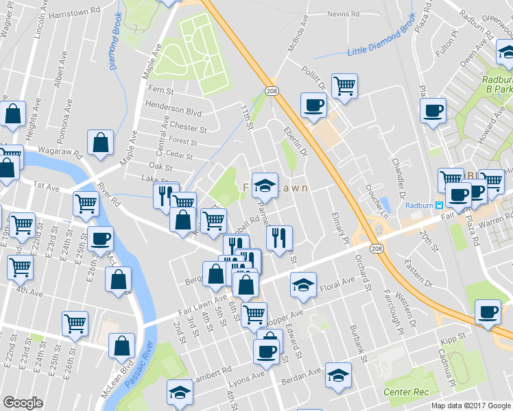 map of restaurants, bars, coffee shops, grocery stores, and more near 16-14 Parmelee Avenue in Fair Lawn
