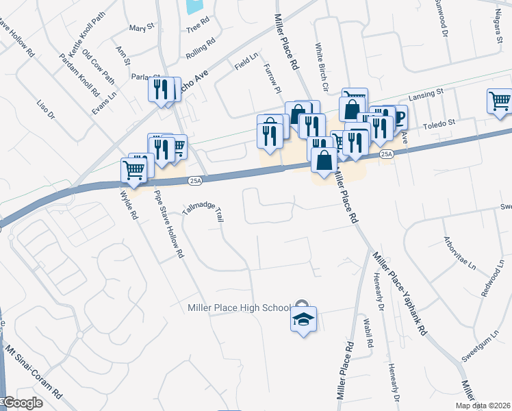 map of restaurants, bars, coffee shops, grocery stores, and more near 24 Meadow Pond Circle in Miller Place