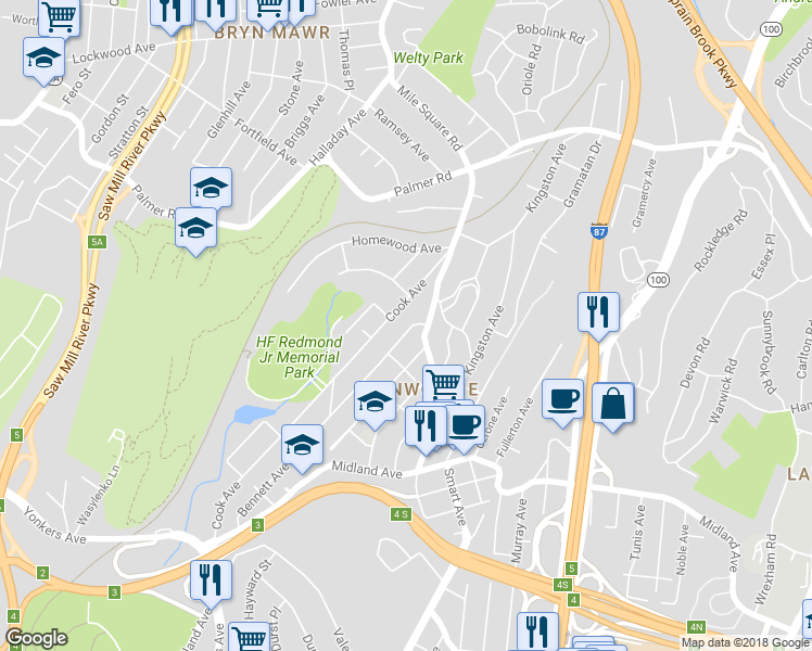 map of restaurants, bars, coffee shops, grocery stores, and more near 229 Bennett Avenue in Yonkers