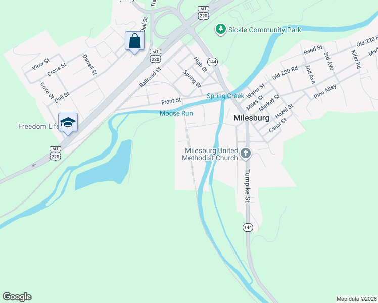 map of restaurants, bars, coffee shops, grocery stores, and more near Oaklawaha Street in Milesburg