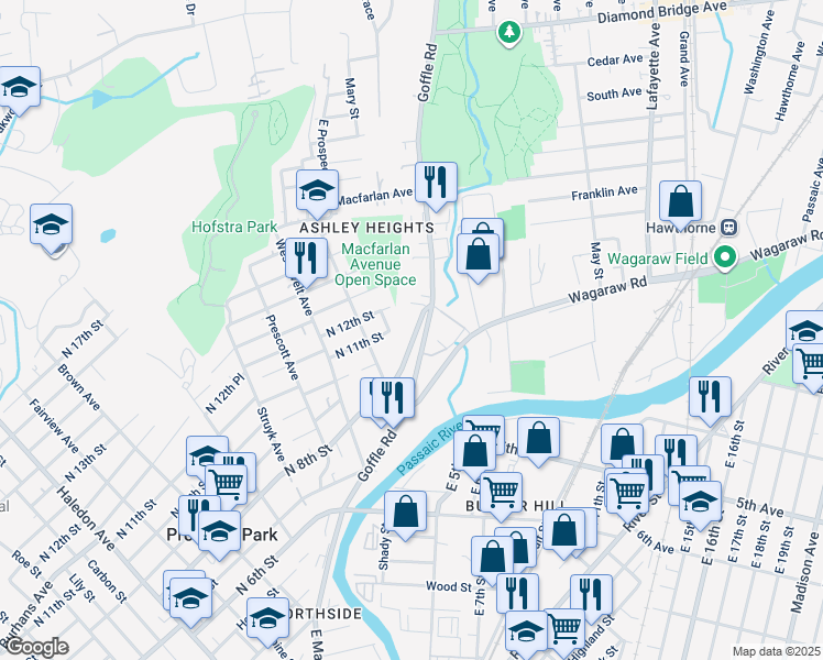 map of restaurants, bars, coffee shops, grocery stores, and more near 128 North 8th Street in Hawthorne