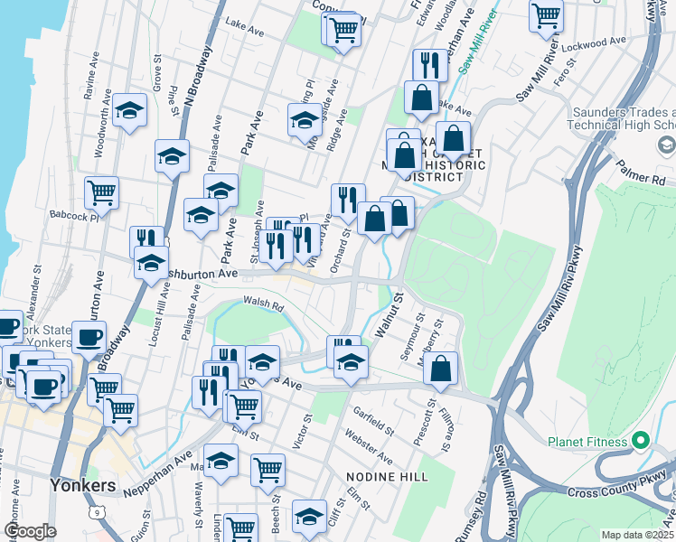 map of restaurants, bars, coffee shops, grocery stores, and more near 4 Orchard Street in Yonkers