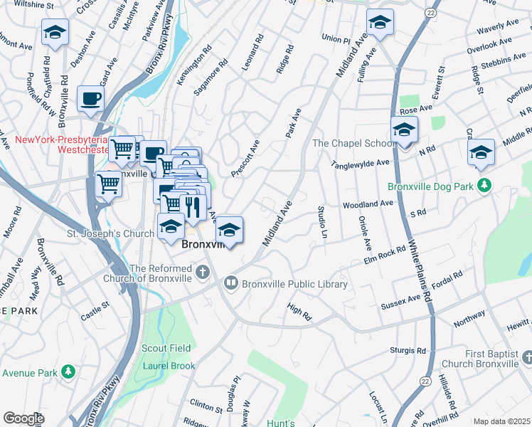 map of restaurants, bars, coffee shops, grocery stores, and more near 16 Field Court in Bronxville