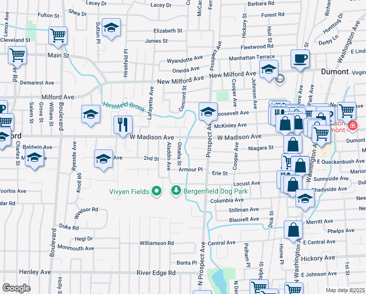 map of restaurants, bars, coffee shops, grocery stores, and more near 59 Omaha Street in Dumont