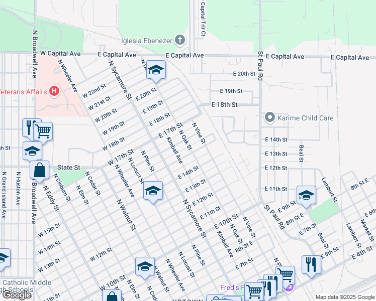 map of restaurants, bars, coffee shops, grocery stores, and more near 300-398 East 15th Street in Grand Island