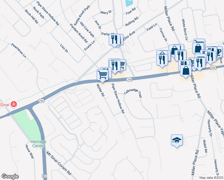 map of restaurants, bars, coffee shops, grocery stores, and more near 228 Pipe Stave Hollow Road in Mount Sinai