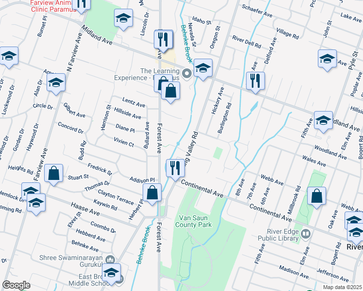 map of restaurants, bars, coffee shops, grocery stores, and more near 11 Clarkson Court in Paramus