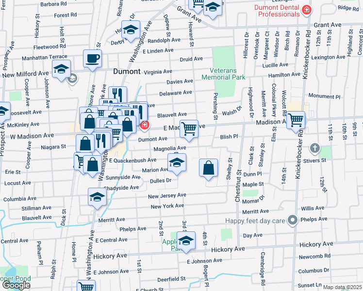 map of restaurants, bars, coffee shops, grocery stores, and more near 138 Magnolia Avenue in Dumont