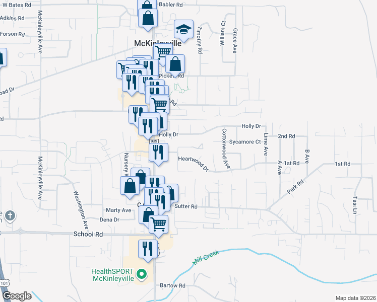 map of restaurants, bars, coffee shops, grocery stores, and more near 1750 Noble Court in McKinleyville