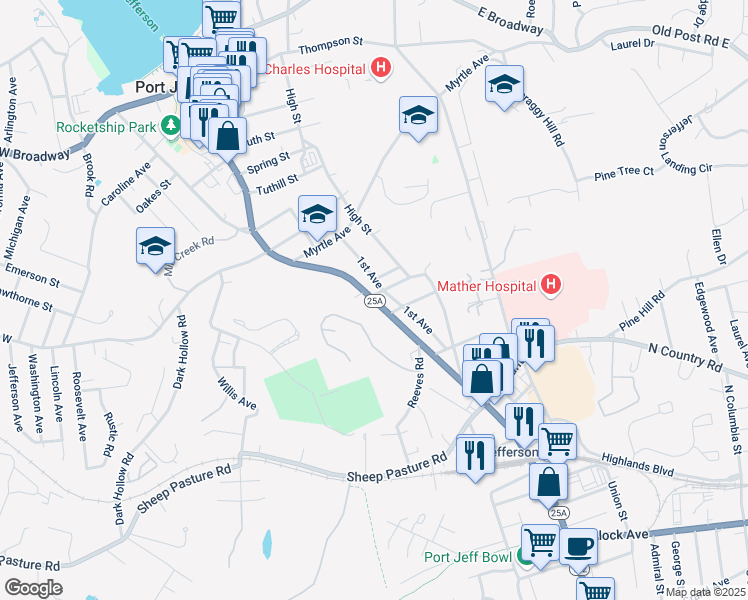 map of restaurants, bars, coffee shops, grocery stores, and more near 1103 Main Street in Port Jefferson