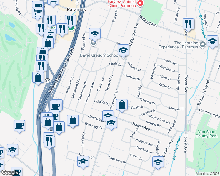 map of restaurants, bars, coffee shops, grocery stores, and more near 290 Haywood Drive in Paramus