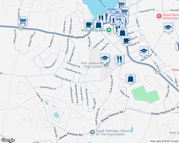 map of restaurants, bars, coffee shops, grocery stores, and more near 214 Emerson Street in Port Jefferson