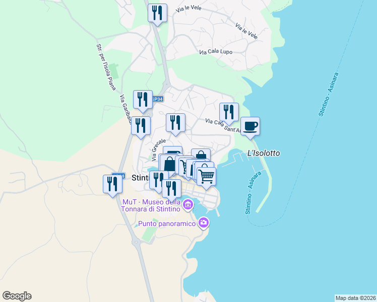 map of restaurants, bars, coffee shops, grocery stores, and more near 20 Via Vela Latina in Stintino