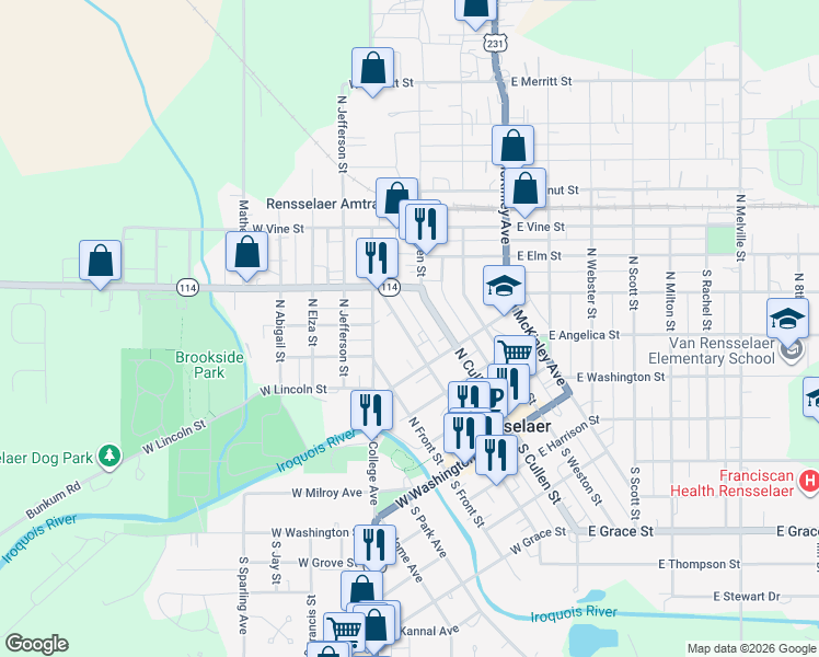 map of restaurants, bars, coffee shops, grocery stores, and more near 425 North Van Rensselaer Street in Rensselaer