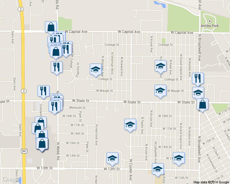 map of restaurants, bars, coffee shops, grocery stores, and more near 2623 West Waugh Street in Grand Island