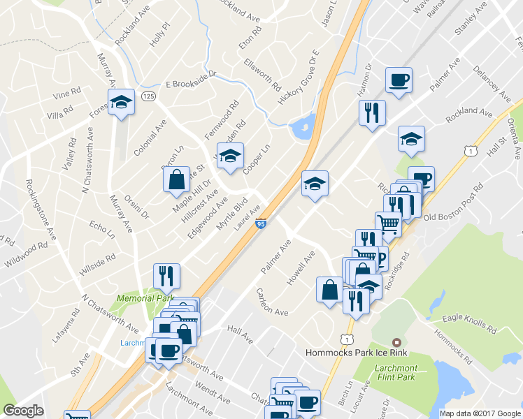 map of restaurants, bars, coffee shops, grocery stores, and more near 96 Laurel Avenue in Larchmont