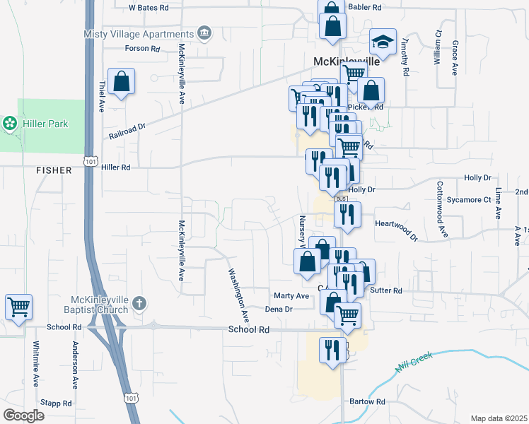 map of restaurants, bars, coffee shops, grocery stores, and more near 1987 Sagewood Way in McKinleyville