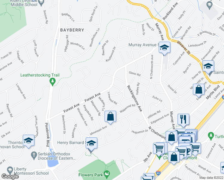 map of restaurants, bars, coffee shops, grocery stores, and more near 575 Forest Avenue in New Rochelle
