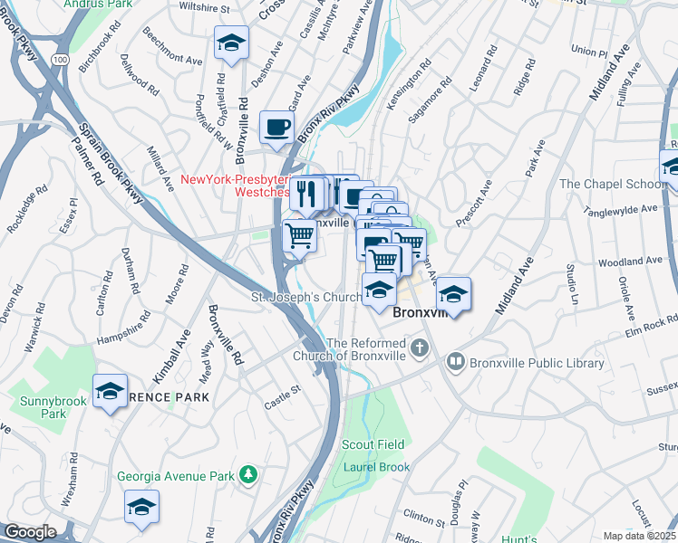map of restaurants, bars, coffee shops, grocery stores, and more near 87 Parkway Road in Bronxville
