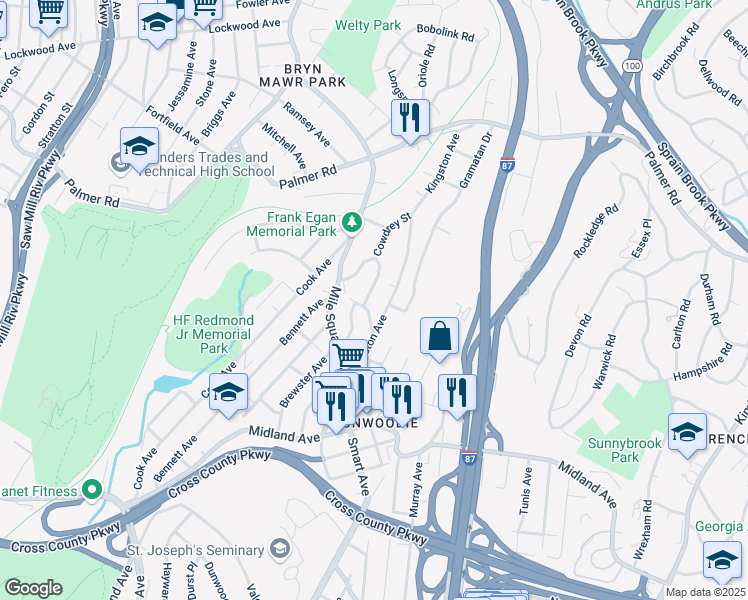 map of restaurants, bars, coffee shops, grocery stores, and more near 163 Kingston Avenue in Yonkers