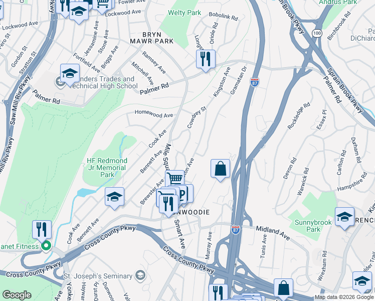 map of restaurants, bars, coffee shops, grocery stores, and more near 163 Kingston Avenue in Yonkers