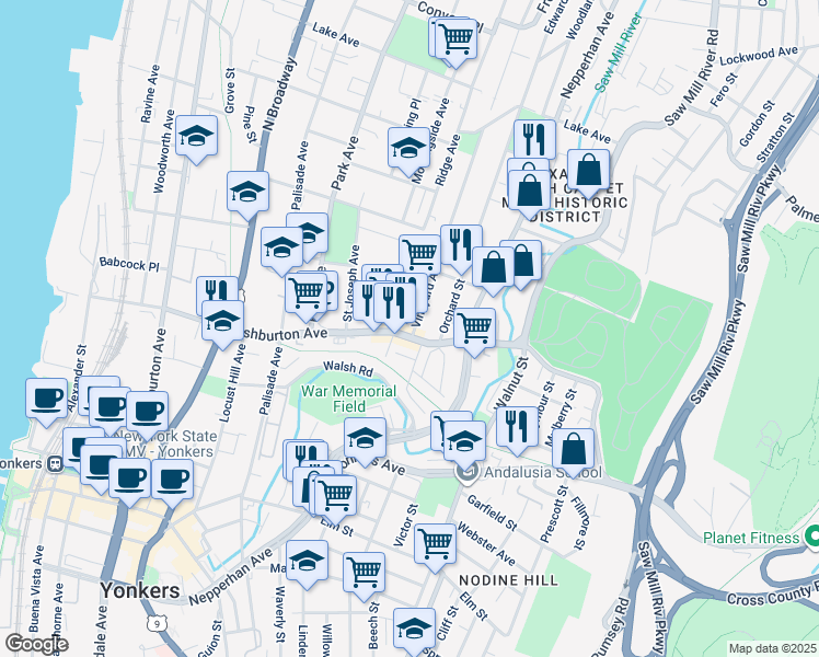 map of restaurants, bars, coffee shops, grocery stores, and more near 189 New York 9A in Yonkers