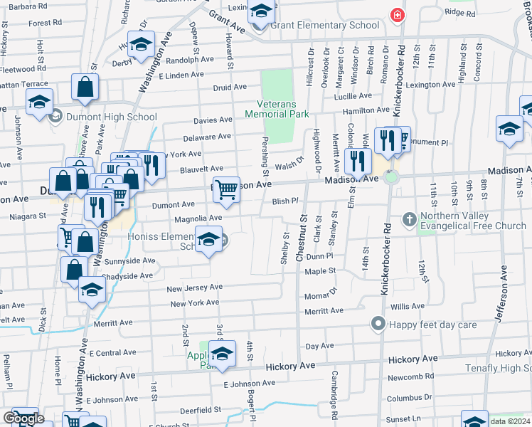 map of restaurants, bars, coffee shops, grocery stores, and more near 99 Garden Street in Dumont