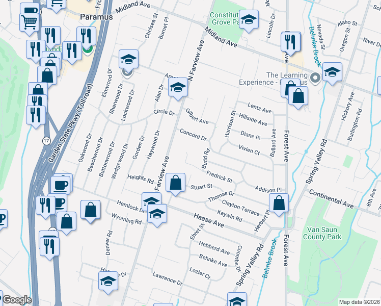 map of restaurants, bars, coffee shops, grocery stores, and more near 172 Fredrick Street in Paramus