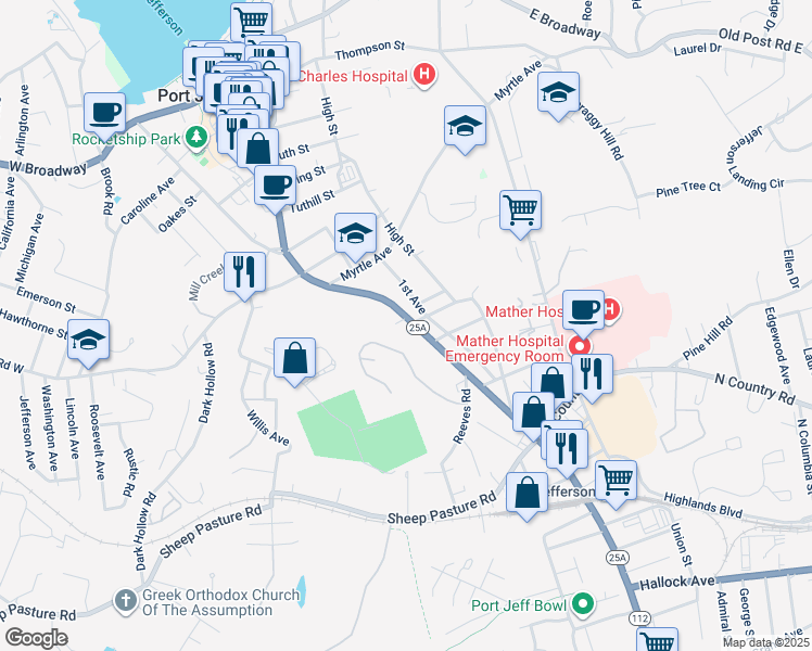 map of restaurants, bars, coffee shops, grocery stores, and more near 660 Main Street in Port Jefferson