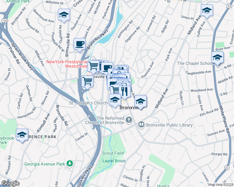 map of restaurants, bars, coffee shops, grocery stores, and more near 29 Park Place in Bronxville
