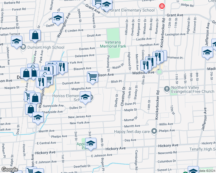 map of restaurants, bars, coffee shops, grocery stores, and more near 99 Garden Street in Dumont