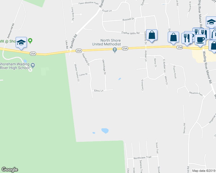 map of restaurants, bars, coffee shops, grocery stores, and more near 7 Elms Lane in Wading River