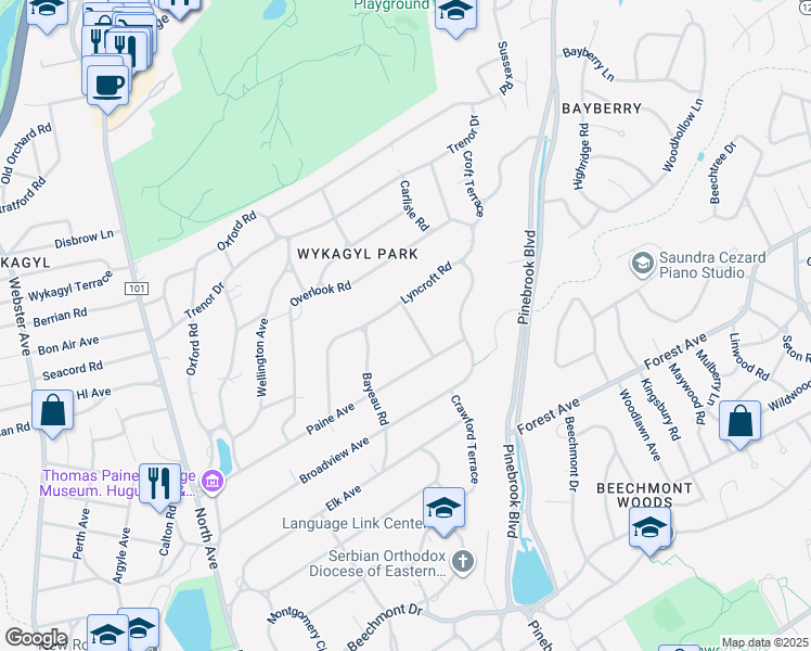 map of restaurants, bars, coffee shops, grocery stores, and more near 34 Longvue Avenue in New Rochelle