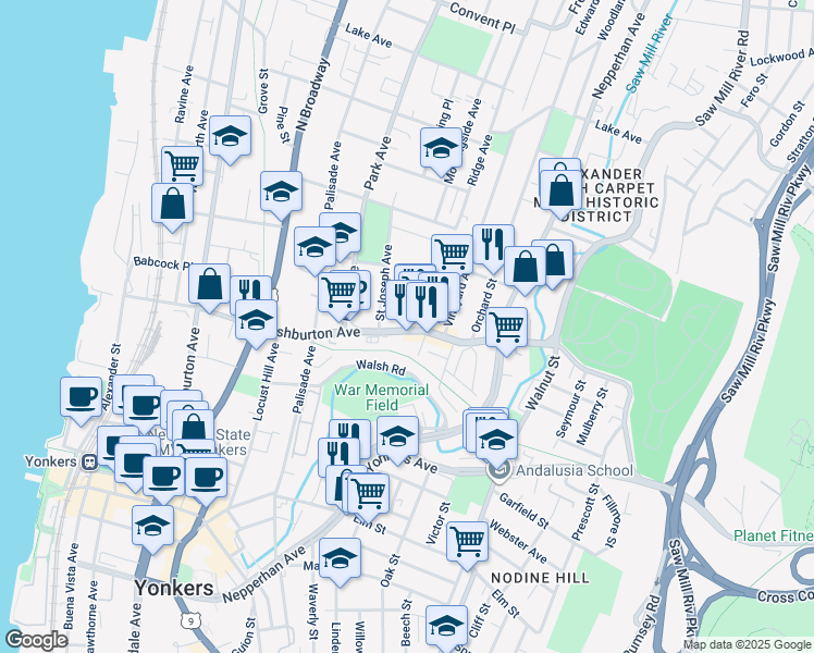 map of restaurants, bars, coffee shops, grocery stores, and more near 159 Ashburton Avenue in Yonkers