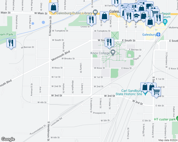 map of restaurants, bars, coffee shops, grocery stores, and more near 644 South Academy Street in Galesburg