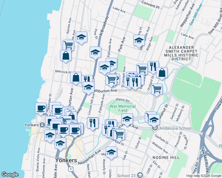 map of restaurants, bars, coffee shops, grocery stores, and more near 1 Park Avenue in Yonkers
