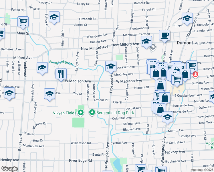 map of restaurants, bars, coffee shops, grocery stores, and more near 14 1st Street in Dumont