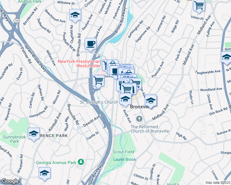 map of restaurants, bars, coffee shops, grocery stores, and more near 94 Parkway Road in Bronxville